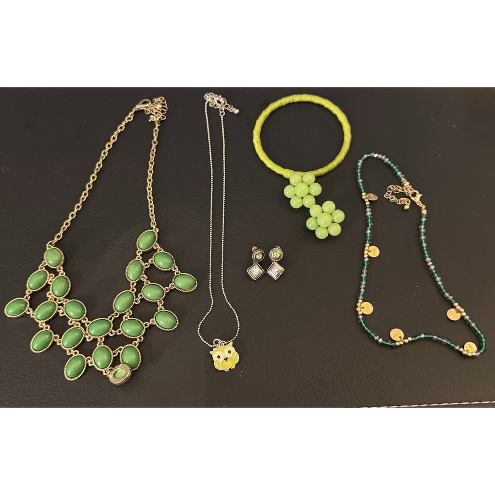 6 Piece Green Jewelry Bundle, Bracelets, Rhinestones, Earrings, Necklaces